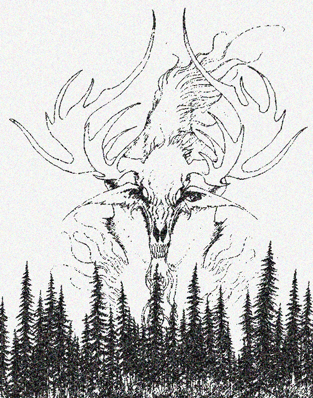 A black and white drawing of an antlered creature.