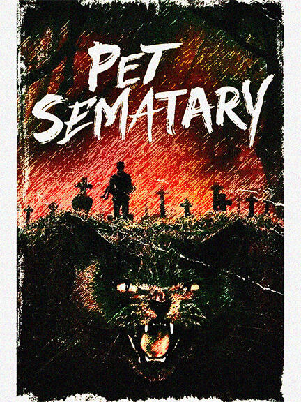 A book cover 'Pet Sematary' showing a snarling cat and cemetary.