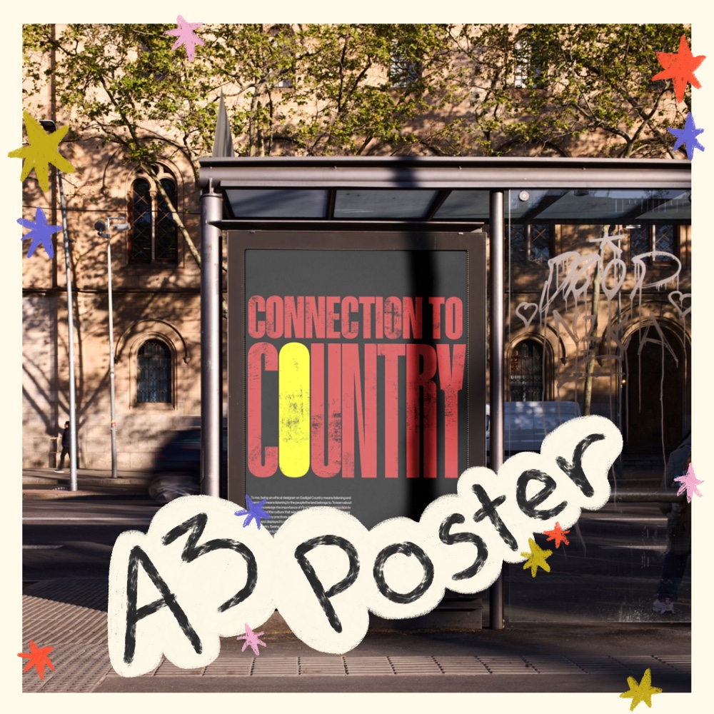 a mockup of an a3 poster on a street sign that says 'Connection to Country' with a red background and black and yellow text