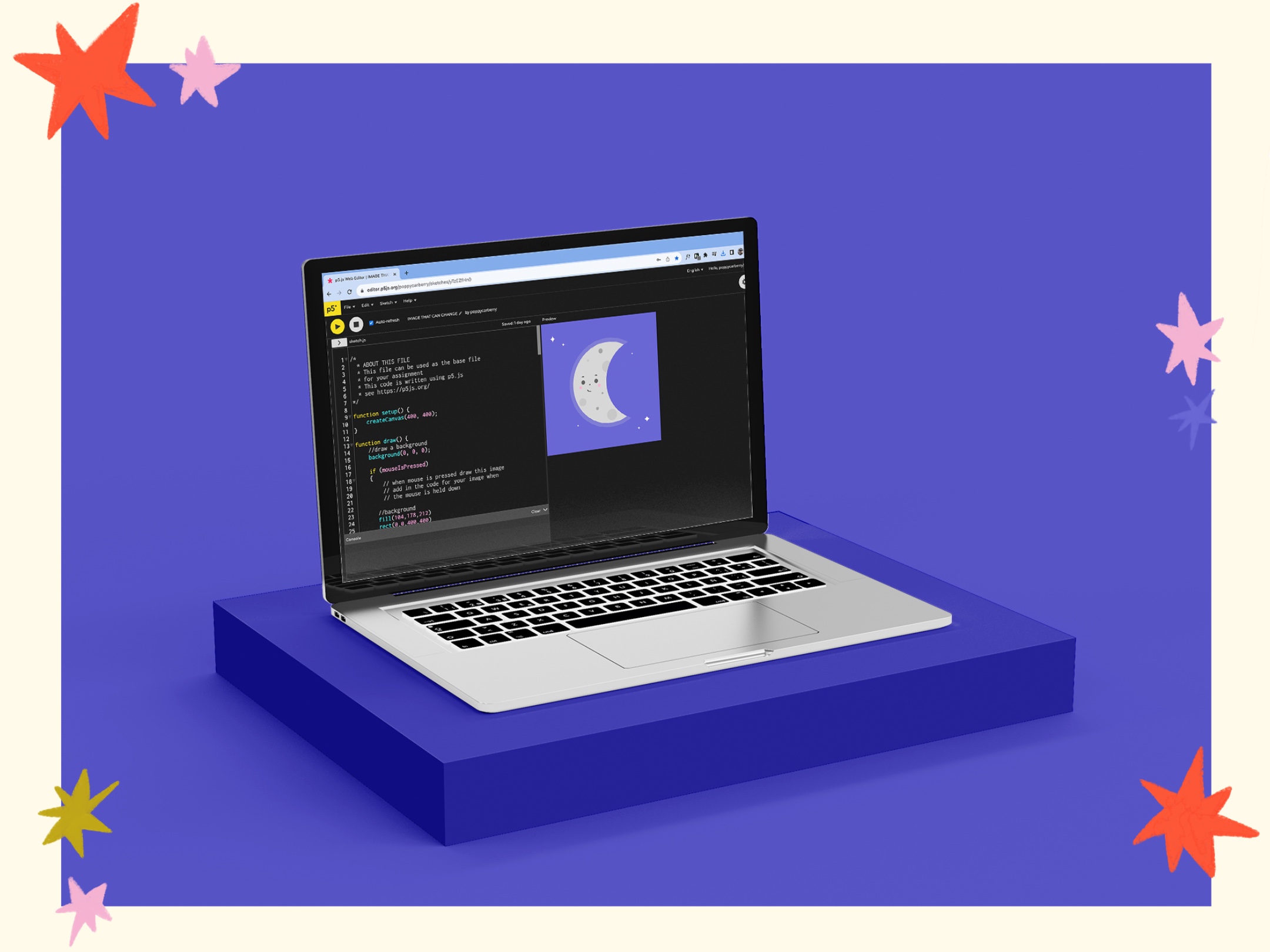 a mockup of a computer screen open to p5js code in progress
