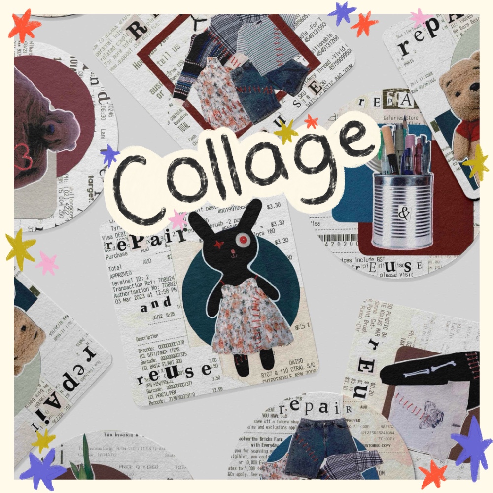 a series of collages based on the phrase 'repair and reuse' on a mockup of spread out drink coasters. the image is surrounded by star doodles and the title 'collage'