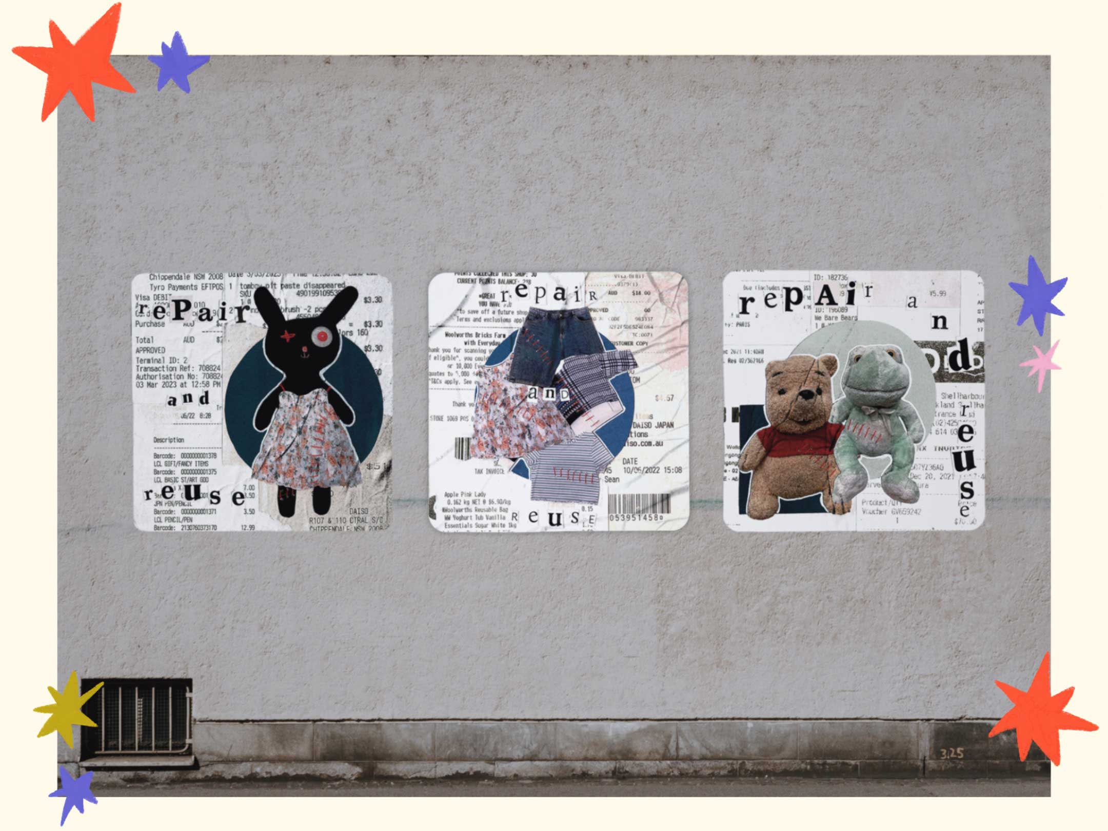 a mockup of three collage posters with the caption 'repair and reuse', pasted on an industrial wall