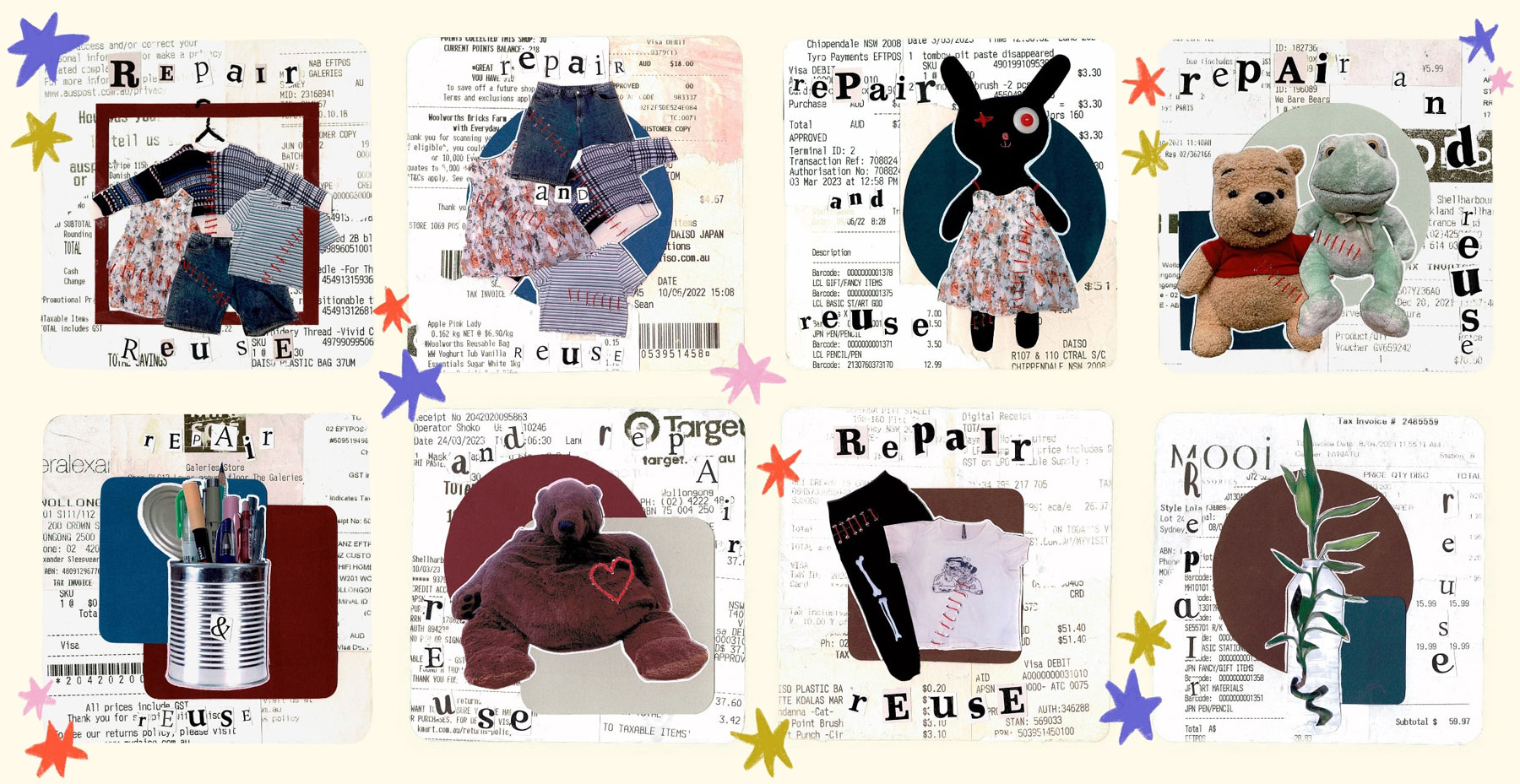 a layout of eight collages inspired by the phrase 'repair and reuse'