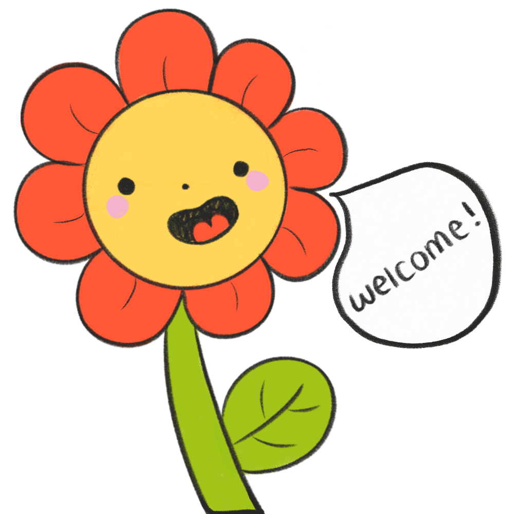 a cartoon flower with blue leaves and a smile.'