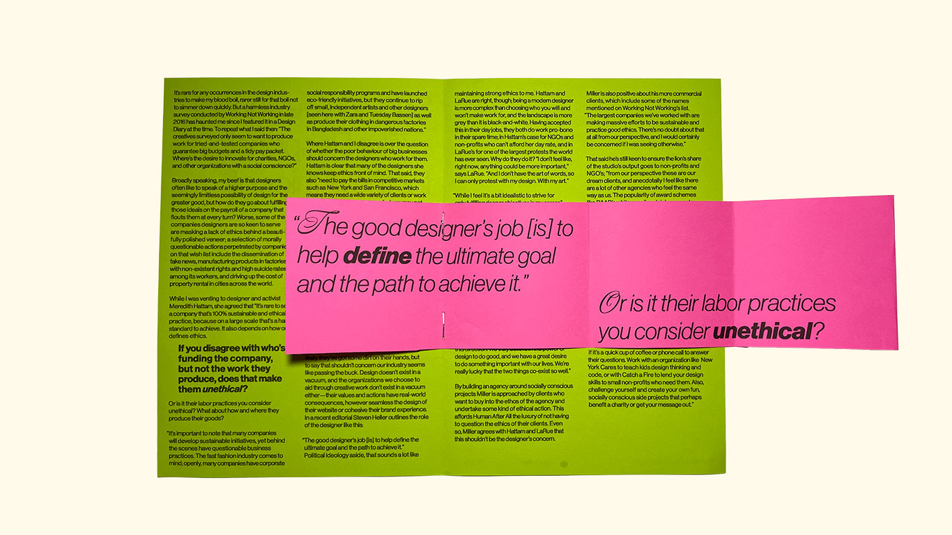 inside the publication with a pull out piece of paper with pull quotes