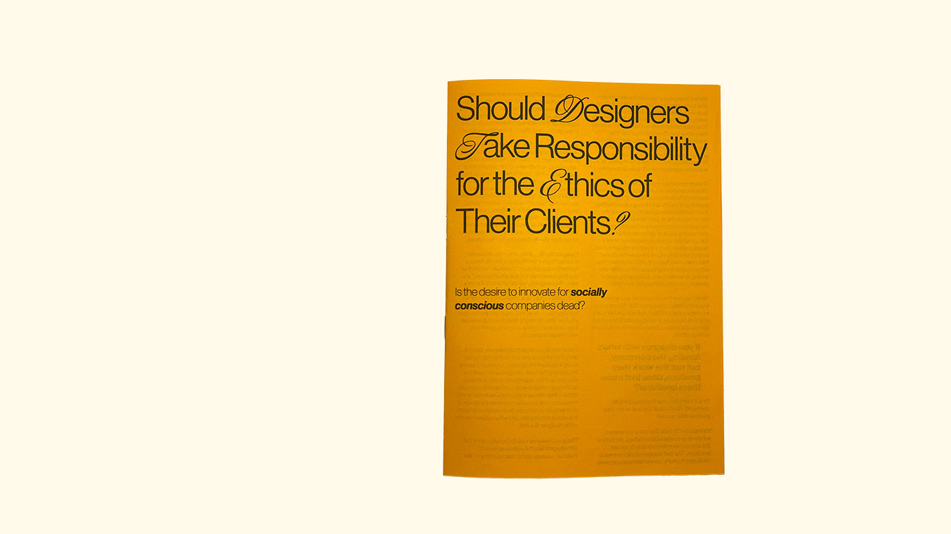 an orange title cover with the title 'Should Designers Take Responsibility For The Ethics of Their Clients'