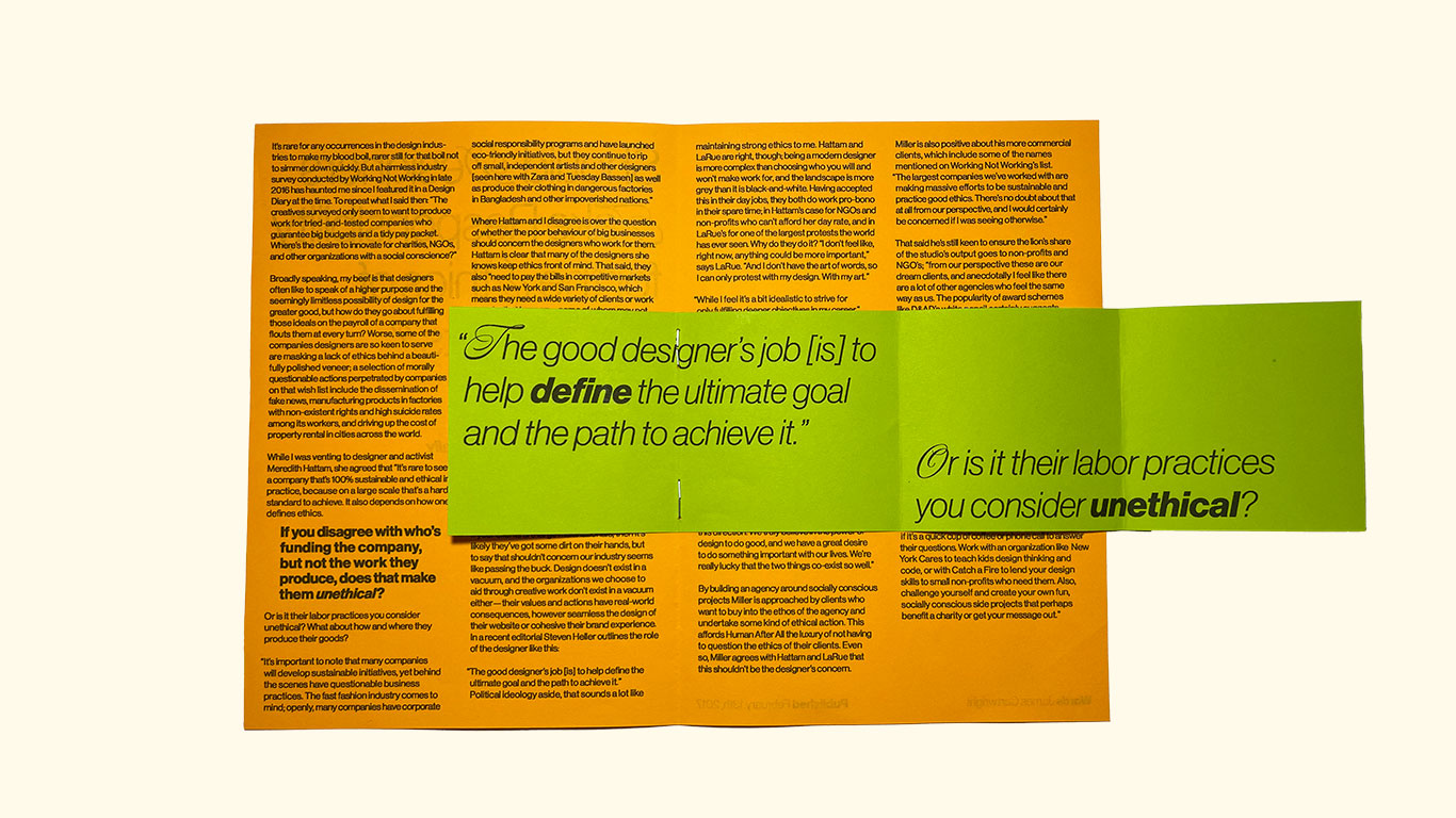 inside the publication with a pull out piece of paper with pull quotes