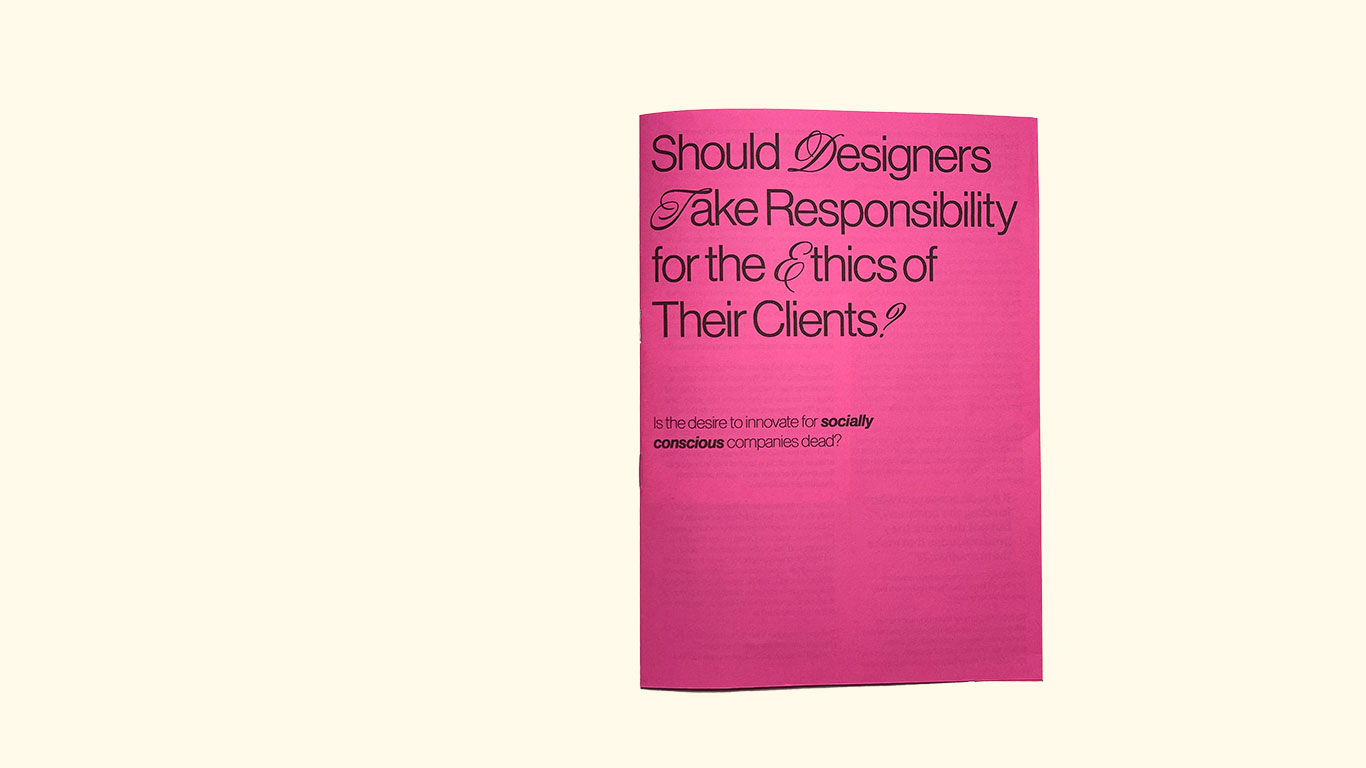 a pink title cover with the title 'Should Designers Take Responsibility For The Ethics of Their Clients'