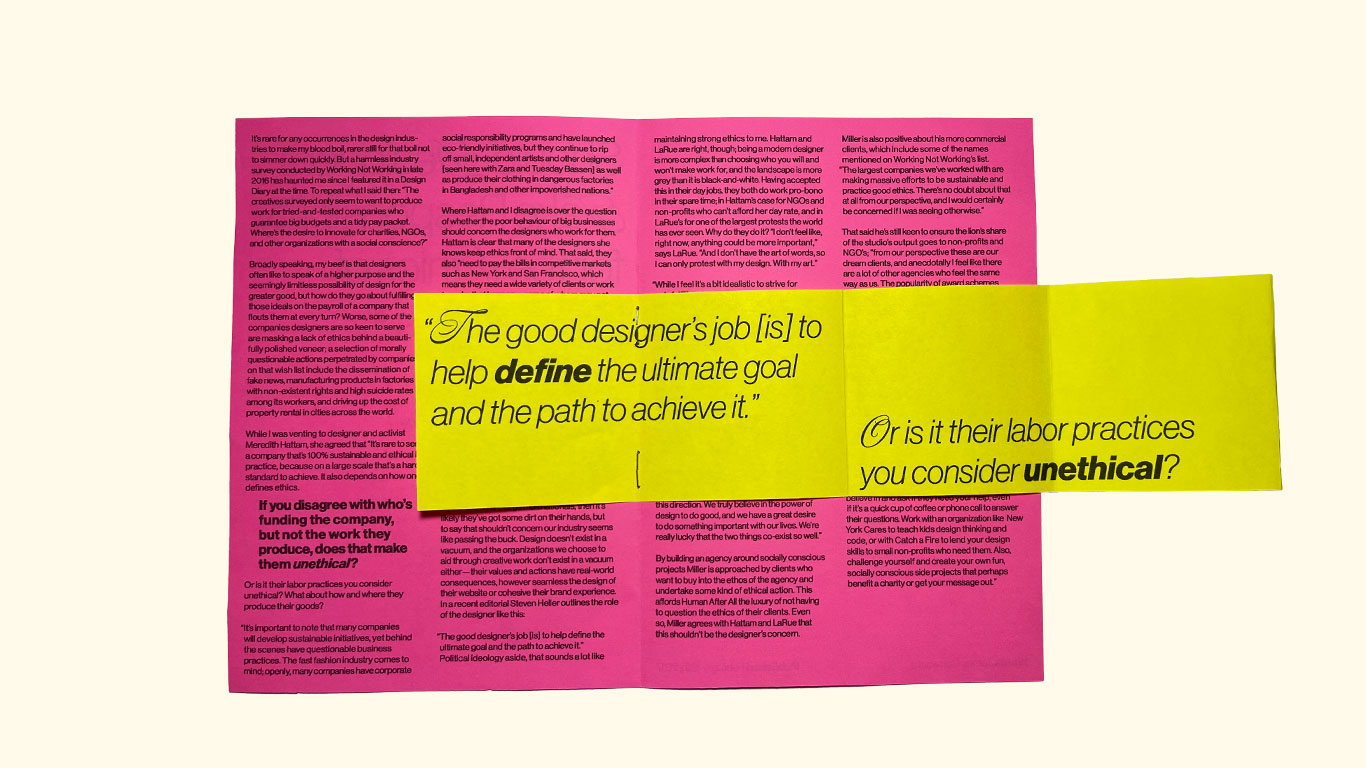 inside the publication with a pull out piece of paper with pull quotes