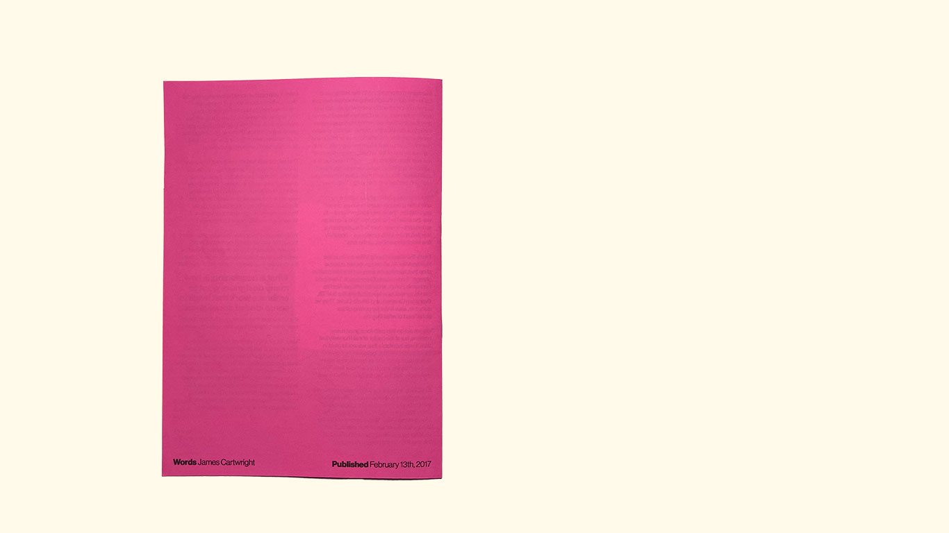 a pink back cover with 'words by James Cartwright' and 'Published February 13th 2017'