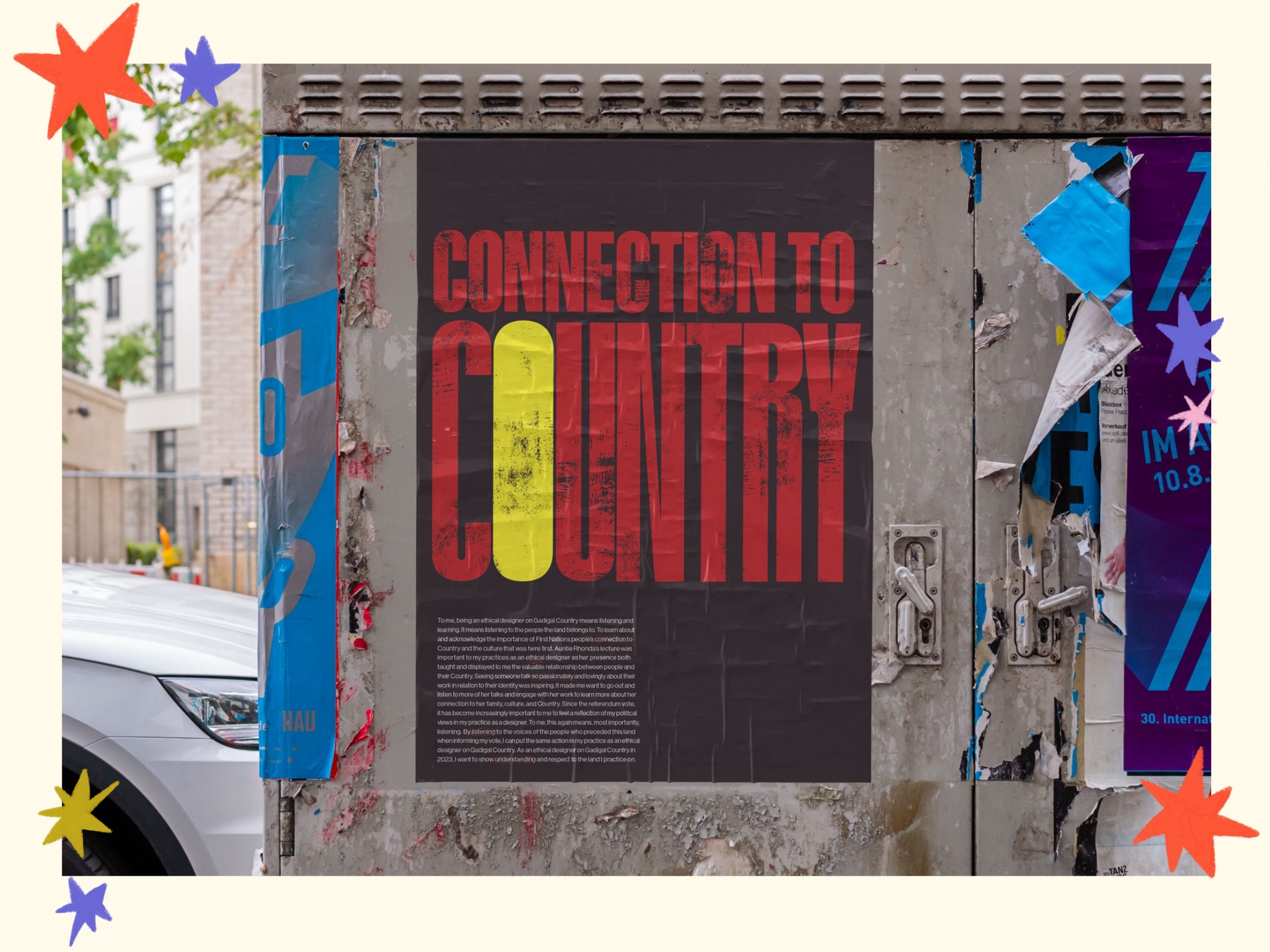 a mockup of an a3 poster on a street box that says 'Connection to Country' with a red background and black and yellow text