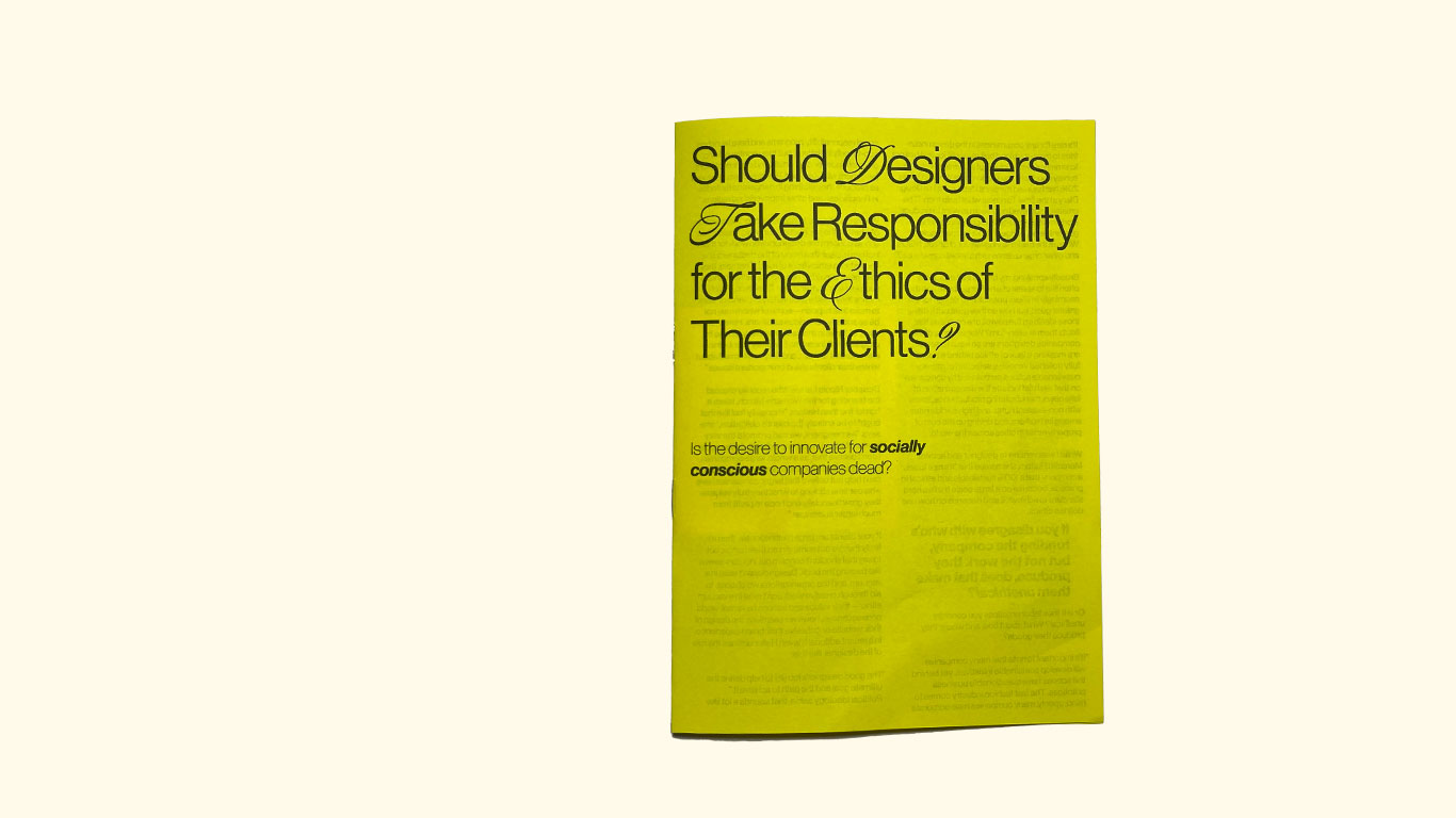 a yellow title cover with the title 'Should Designers Take Responsibility For The Ethics of Their Clients'