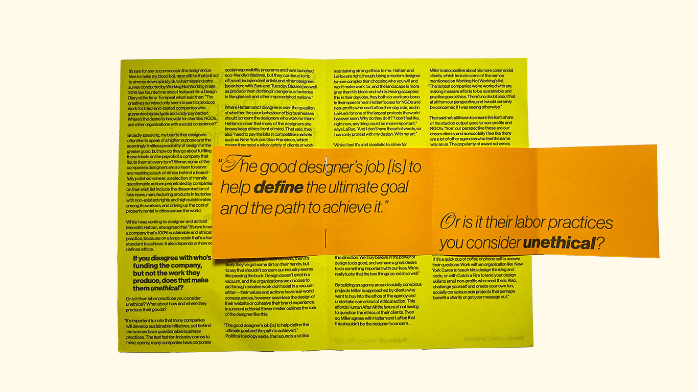 inside the publication with a pull out piece of paper with pull quotes