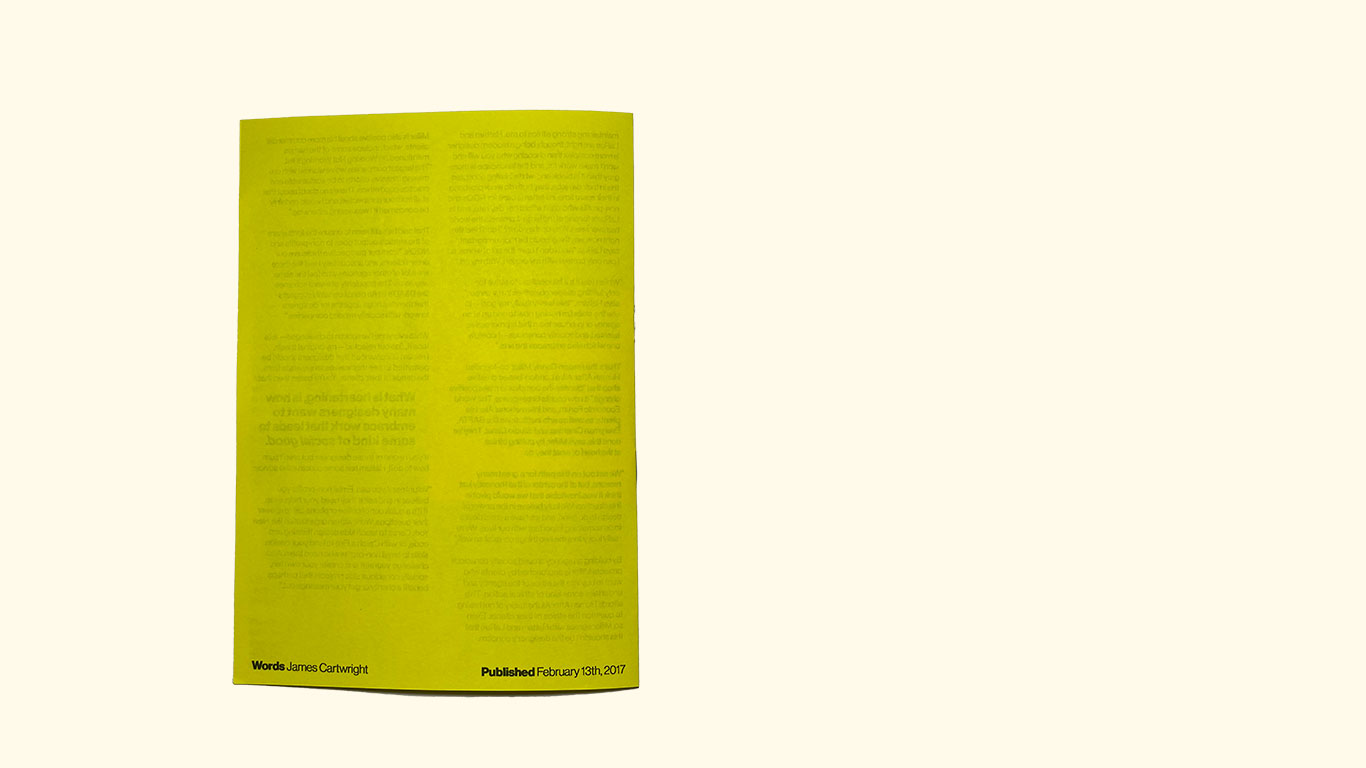 a yellow back cover with 'words by James Cartwright' and 'Published February 13th 2017'