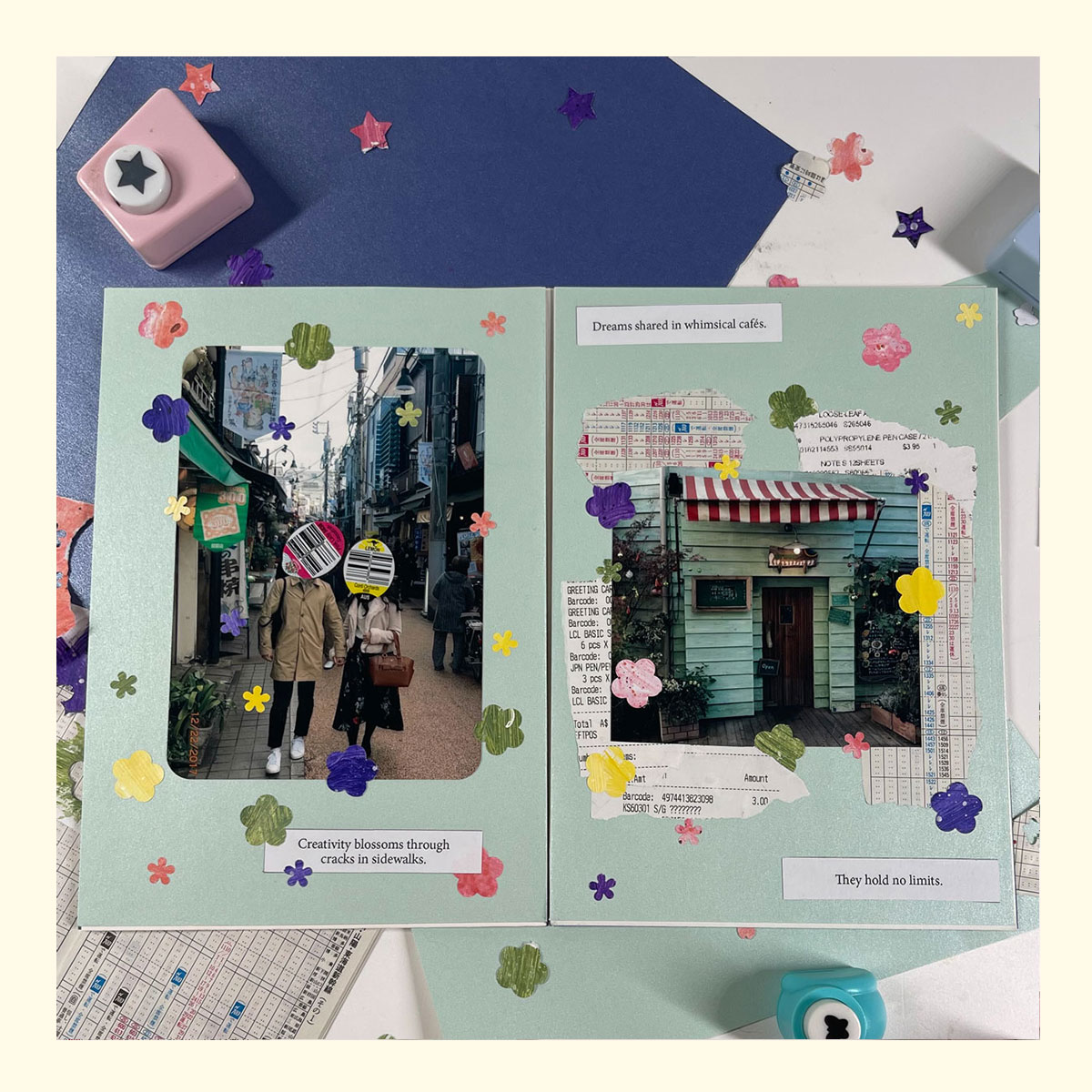 the second spread of a zine called 'my fortunate town' surrounded by the materials it is made with (pearl paper, painted collage paper, paper cut outs, train timetables)