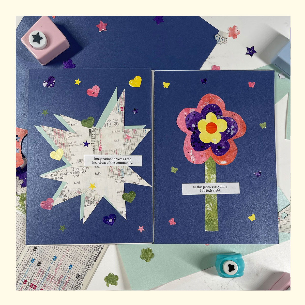 the third spread of a zine called 'my fortunate town' surrounded by the materials it is made with (pearl paper, painted collage paper, paper cut outs, train timetables)