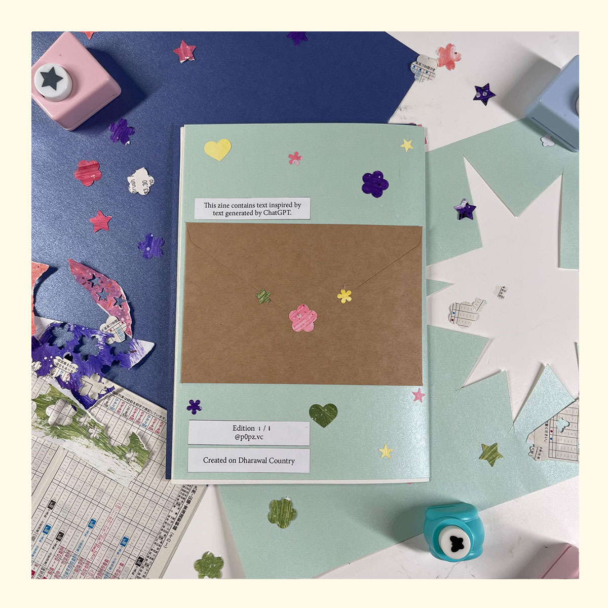 the back cover of a zine called 'my fortunate town' surrounded by the materials it is made with (pearl paper, painted collage paper, paper cut outs, train timetables)